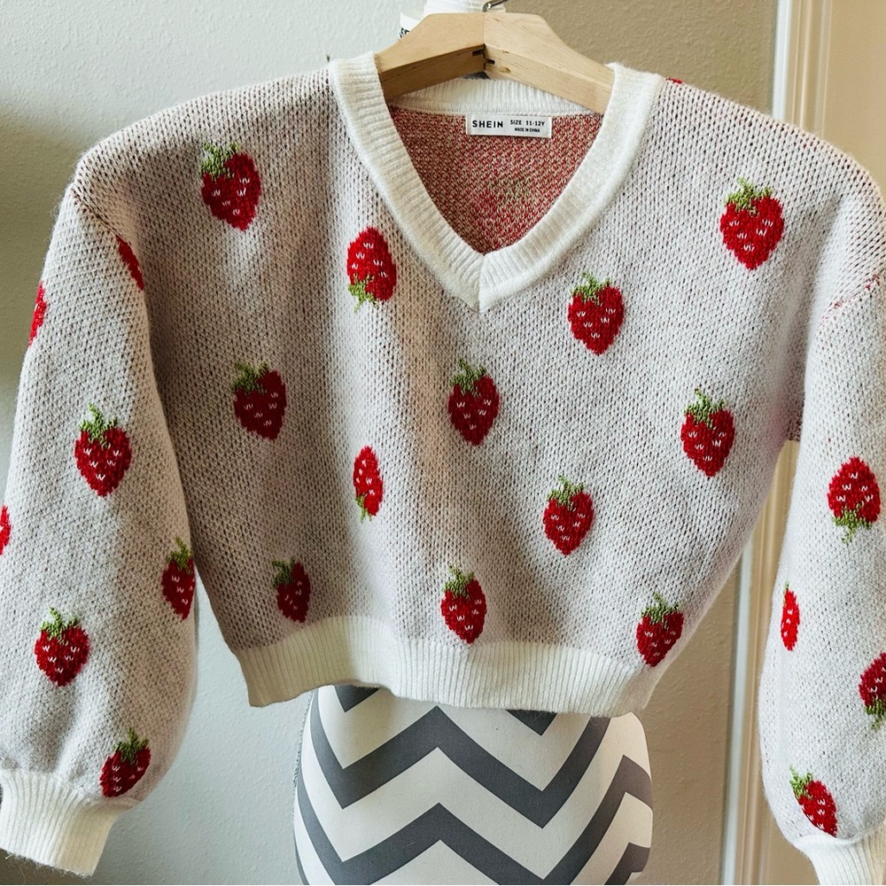 SHEIN Red and White V-Neck Strawberry Sweater